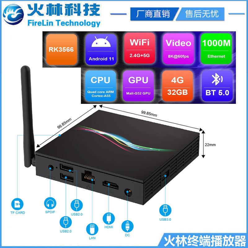 浙江杭州火林RK3566極清播放器8K安卓11播放盒4G32G8K4K@60雙頻無線5G藍(lán)牙5.0G52Gpu